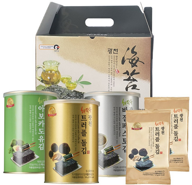 광천 해달음 실속형 1호 아보카도유 새싹보리 재래김 돌김 트러플돌김 식탁김 캔김 손잡이 선물세트, 1세트