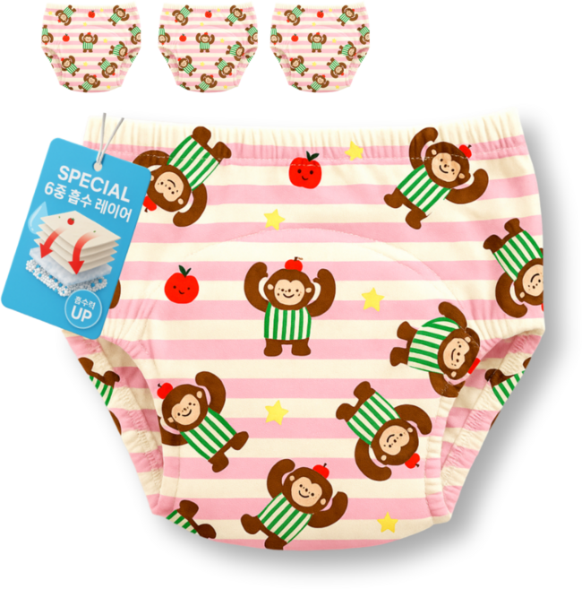 HO-OH 조임없는 유아용 순면 6중 방수 원숭이 배변 훈련팬티 4종 세트, 4개, 핑크