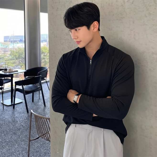 ANYOU 남성 긴팔 터틀넥 티셔츠 폴로 티셔츠 봄가을 골프 스판 티셔츠 상의 루즈핏 속건성 의류 운동복