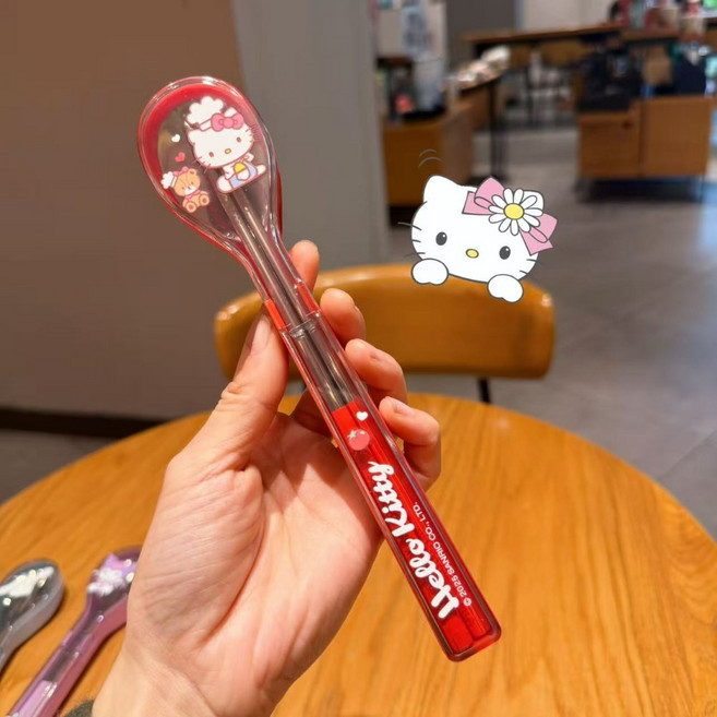 산리오 캐릭터 휴대용 수저 젓가락 세트, 1세트, 숟가락+젓가락+수납함, 헬로키티