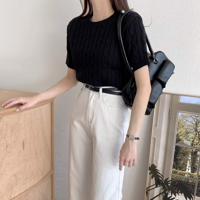 아로하스타일 라운드 꽈배기 니트 반팔티 A1520