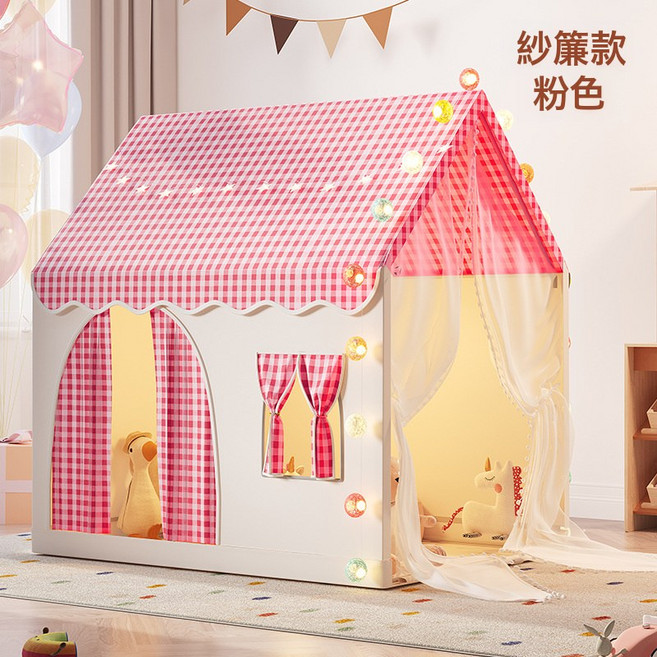 VANLUEE 兒童遊戲屋 室內玩耍 城堡風格, 粉色紗簾款, 帳篷+星星燈+彩旗+雲朵