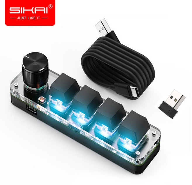 기계식 매크로 키보드 단축키 키보드 프로그레밍 키보드 편집 한손 사용 3모드 연결 2.4G 수신기 배치, 4키 1노브 블랙B, 블루투스, 적축