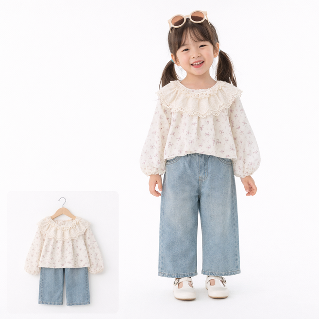 여아 플라워 레이스 블라우스 와이드데님 상하세트