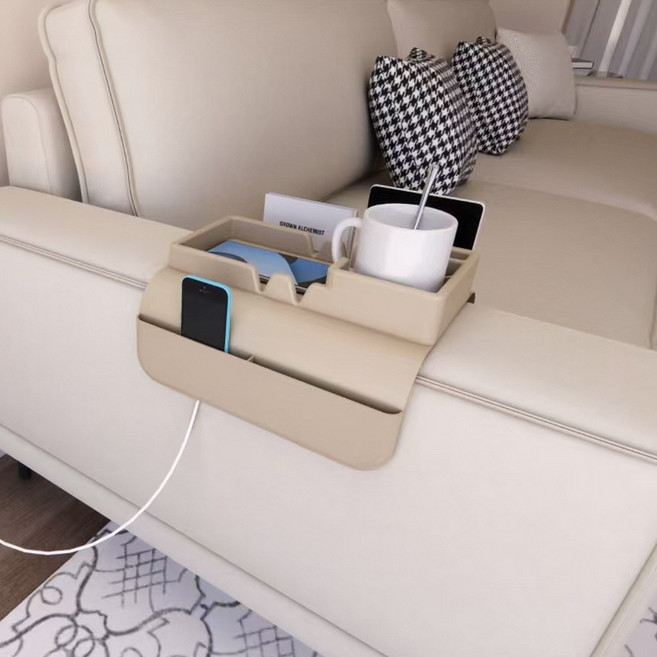 다용도 소파 팔걸이 실리콘 트레이 컵 홀더 리모콘 수납 스마트폰 충전 지원, 1개, 베이지