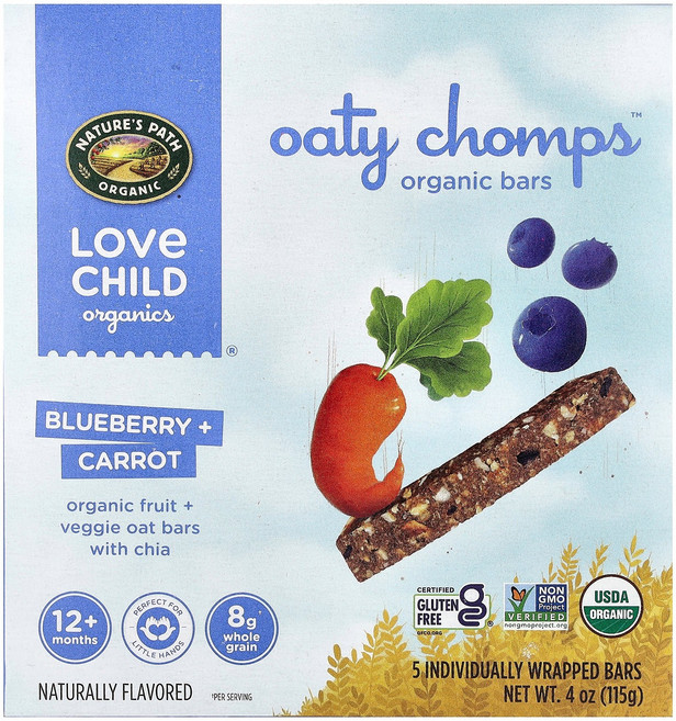 Love Child Organics Nature's Path Oaty Chomps™ 유기농 바 12개월 이상 블루베리 + 당근 개별 포장 5개 각 23g(0.8oz), Love Child Organics, Nature's, 1
