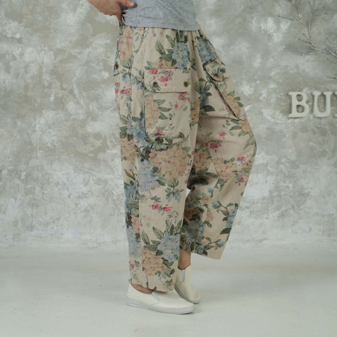 벅시루 플로럴 쌤쌤건빵 면린넨 통통녀 데일리 여름 여성 카고 밴딩 9부 통바지 배기