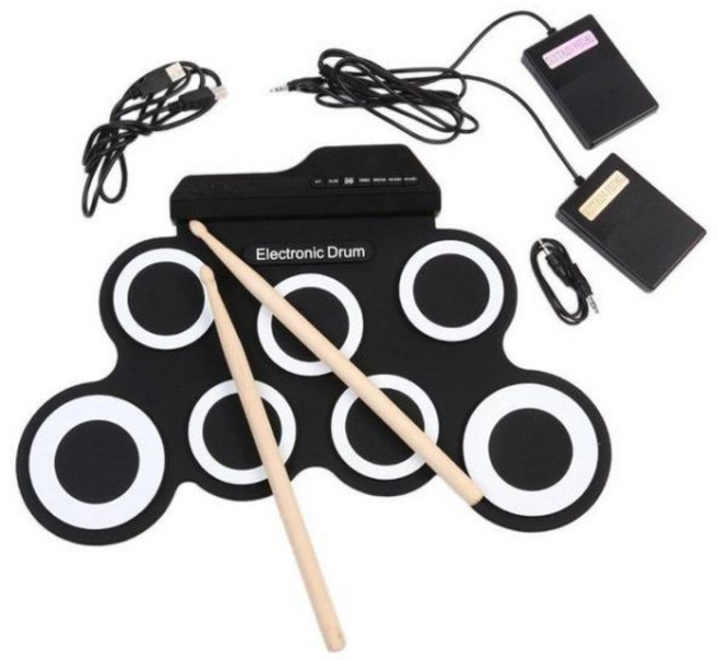 전자드럼세트 접이식 실리콘 핸드 롤 USB 전자 드럼 휴대용 연습 드럼 패드 키트 드럼스틱 유지 페달, black, 1개