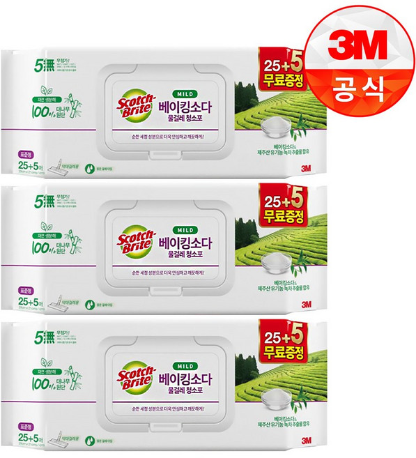 3M 베이킹소다 물걸레청소포 마일드 표준형 30매, 3개