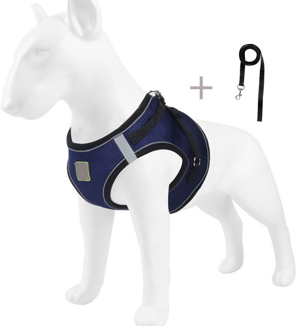 강아지 하네스 가슴줄 세트 조끼 강아지 목줄 야광 반사 통기성 강아지 줄 애견 용품, 1개, 네이비 남색