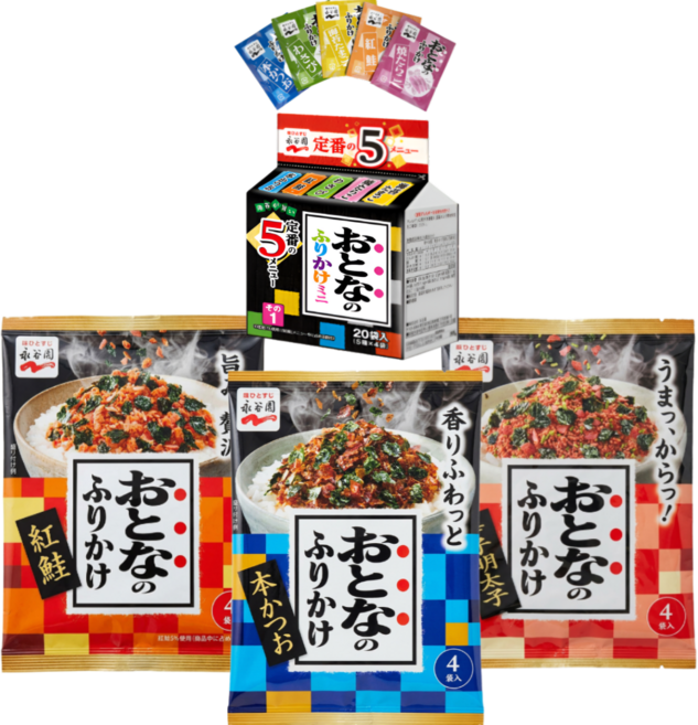 나가타니엔 오토나노 뿌려먹는 후리가케 매운명란맛 1개+연어맛 1개+가다랑어맛 1개+미니(5가지맛) 1개+사은품 추가증정, 1개