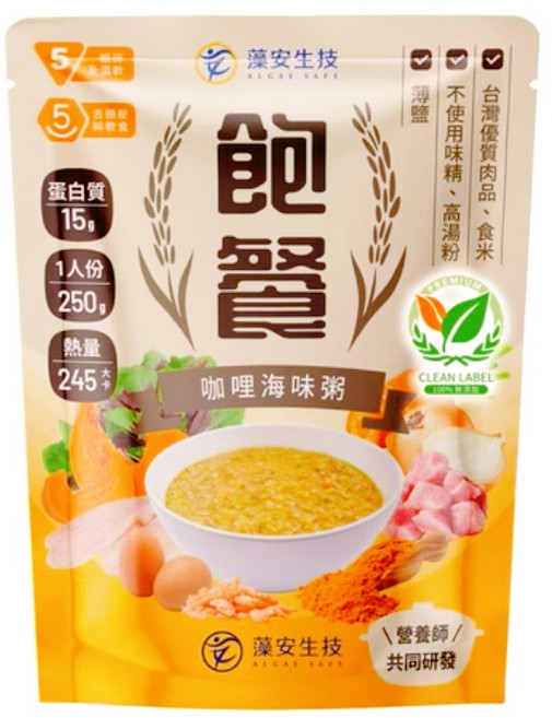 藻安生技 飽餐 咖哩海味粥 銀髮友善餐 軟質即食粥 台灣優質食材 無添加味精, 250g, 6個