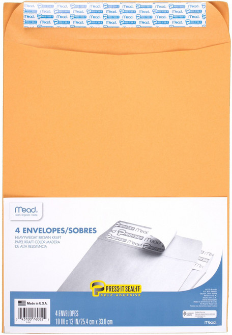 미드 헤비웨이트 브라운 크라프트 인벨로프 서류봉투, 4개입, 25.4x33.0cm