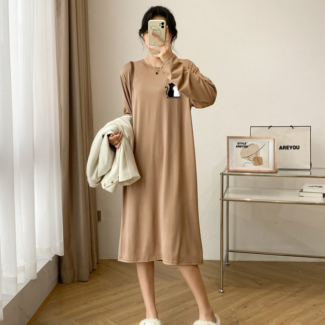 스타일아유 여성용 빅사이즈(66~99) 오버핏 귀여운 작은 고양이 롱원피스 홈웨어 롱티 OP1563