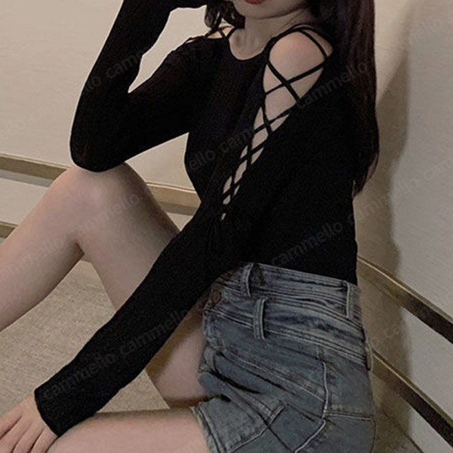 cammello 코르셋 슬리브 오프숄더 골지 슬림핏 긴팔 니트티 댄스복 클럽룩