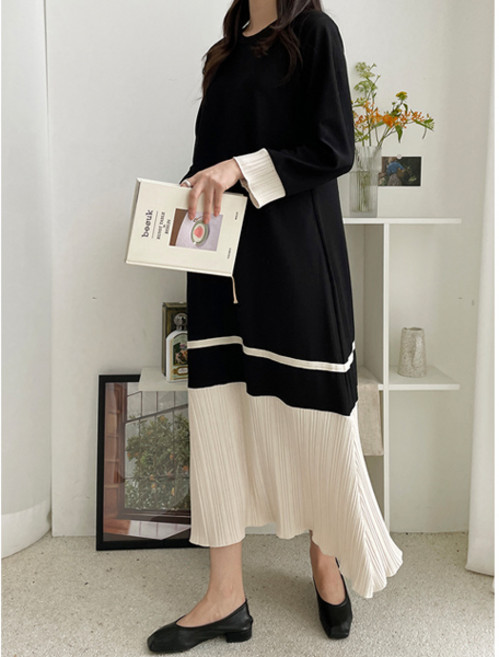 마이쏭 빅사이즈 루즈핏 주름롱원피스 배색주름 임부복 루리배색주름롱원피스