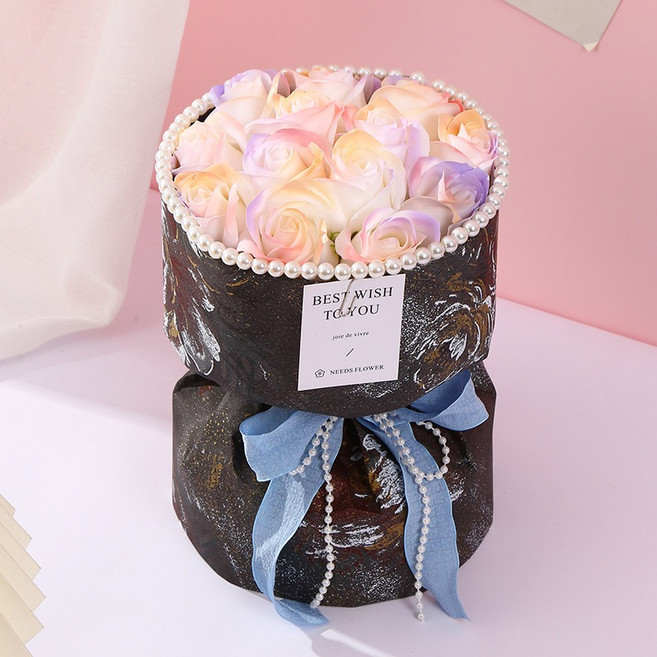 香氛玫瑰香皂花束，小香風設計，母親節/情人節禮物，送女友/生日/畢業，求婚表白七夕適用, 黑色_小香風玫瑰花束 含透明禮盒裝