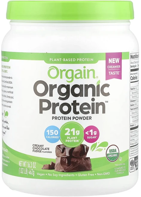 새해 건강을 선물하세요 Orgain Organic Protein™ Powder 크리미 초콜릿 퍼지 462g(1.02lb) 특별관리진행, 1, 462g - 쿠팡