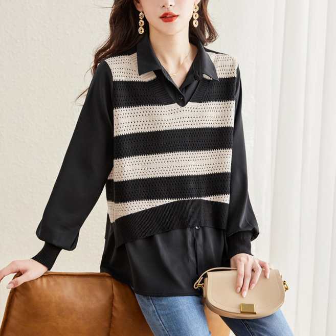 NUNUHANA 여성 루즈핏 니트 레이어드 셔츠