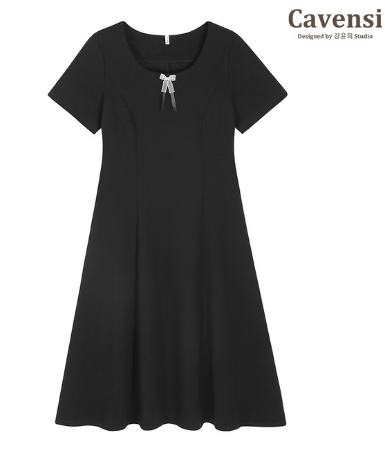 Cavensi方領蝴蝶結短袖長洋裝大尺碼連身裙 (M-5XL), 經典黑色,M（建議40-50公斤）