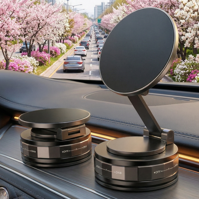 Qi2 맥세이프 N52강력자석 360도회전 차량용 진공흡착 거치대, 시그니처 블랙, 1개