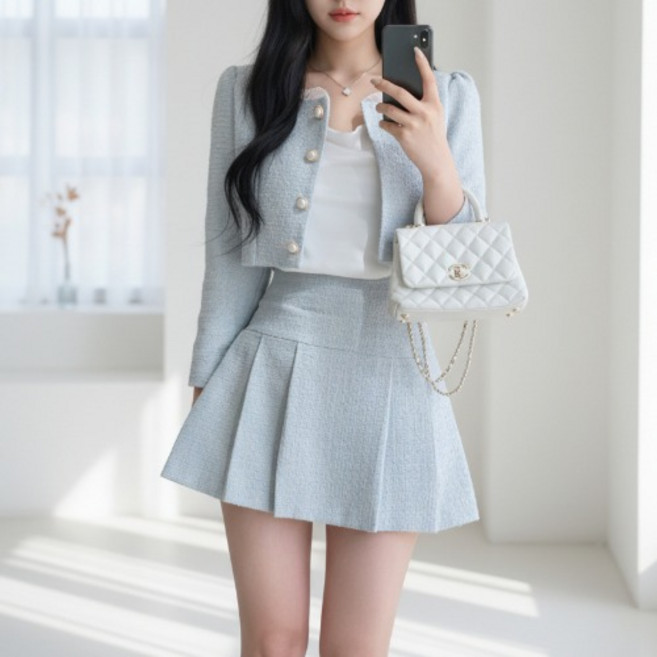 히또리 C1078 스퀘어넥 쉬폰 고급 트위드 자켓 미니스커트 정장 세트