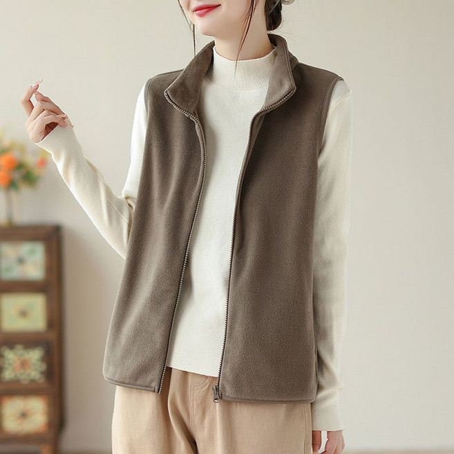 여성 무지 하이넥 집업 뽀끌이 조끼 얇은 보온 캐주얼 후리스 플리스 조끼 베스트 베이직 기본