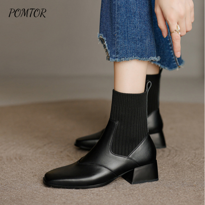 POMTOR 여성 기모 스판 니트 삭스 앵클 부츠 4cm