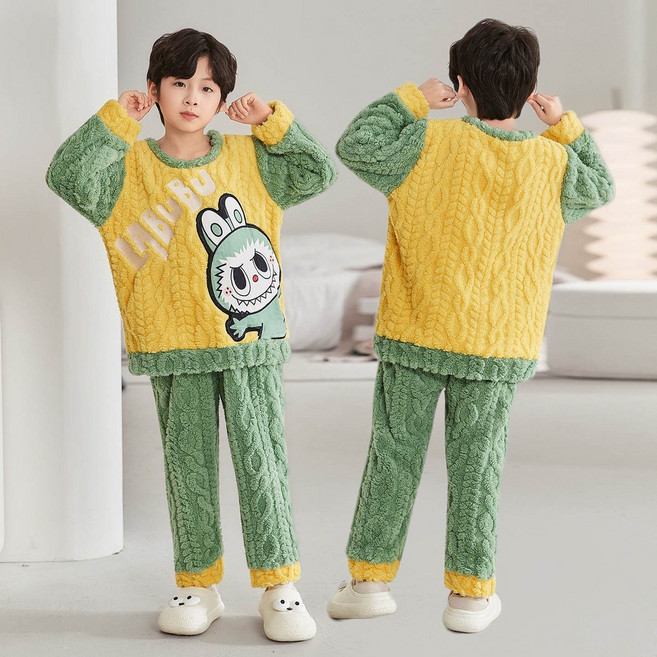男童珊瑚絨睡衣兒童卡通法蘭絨保暖家居服套裝