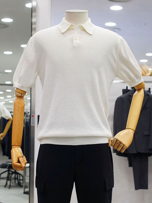 레노마 옴므 화이트 컬러 면 혼방 캐주얼 반팔 카라 니트 티셔츠 CHRPBMKT53A_IC