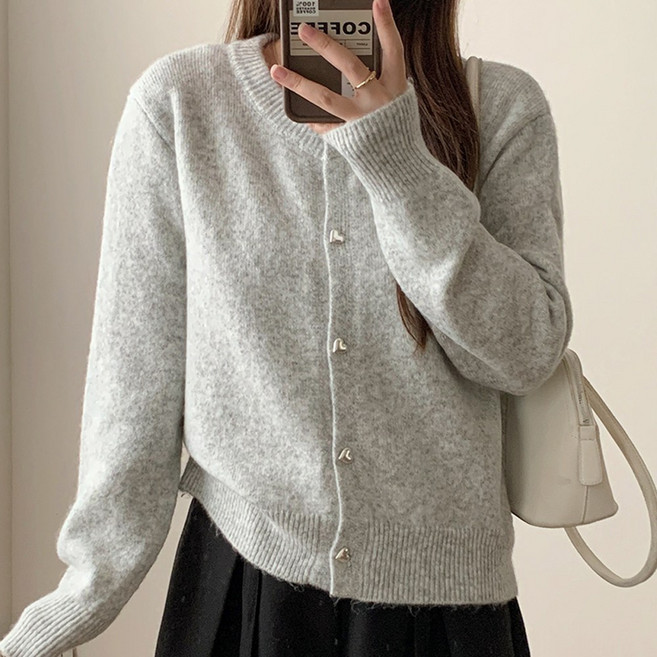 cammello 여성 하트 버튼 라운드넥 베이직 가디건 간절기 니트 티셔츠