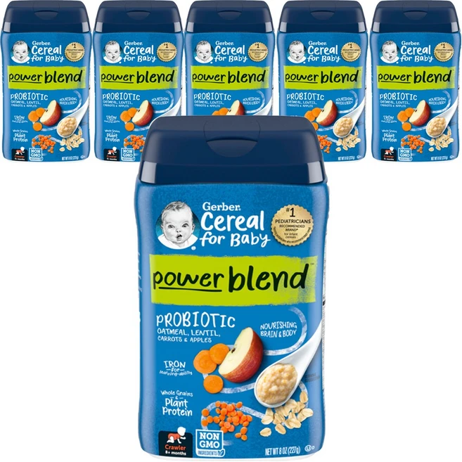 거버 시리얼 파워 블렌드 어린이 미음 227g, 6개, 오트밀 + 렌틸콩 + 당근 + 사과 - 쿠팡