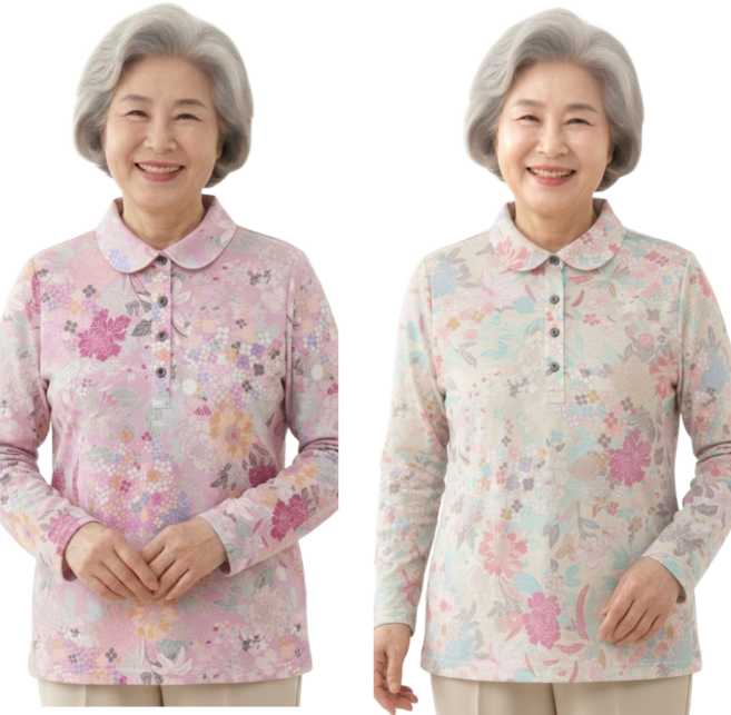 [어르신몰] 할머니옷 봄 면페이즐꽃 카라 티셔츠 긴팔 꽃무늬 편안한 실내외복 핑크 베이지