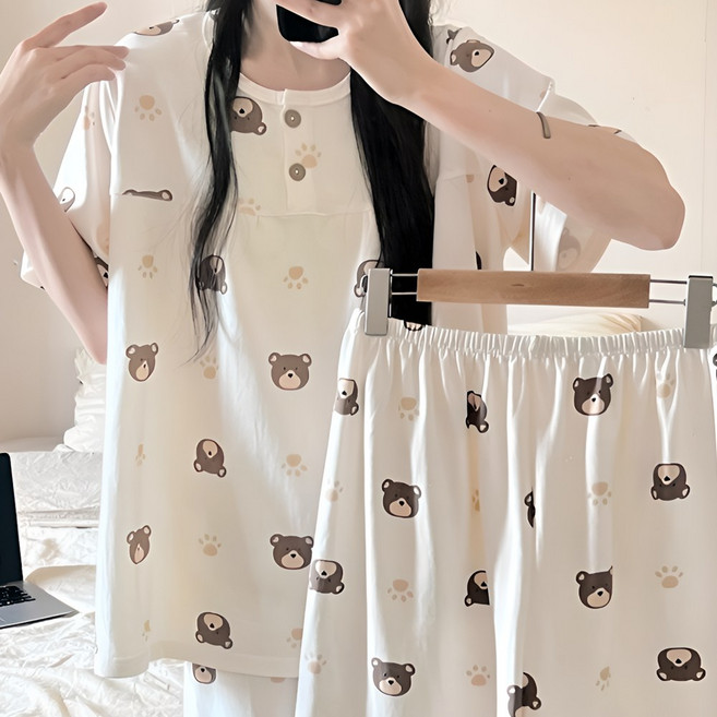 블랑커브 여성용 베이직 3피스 잠옷세트 (반팔+반바지+긴바지)