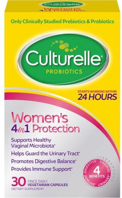 Culturelle 컬처렐 4-in-1 여성용 프로바이오틱스 질 건강 소화 면역 가끔 설사 가스 및 팽만감 완화를 지원하는 일일 프로바이오틱 프리바이오틱 보충제 비유전자변형 3, 30개 (1팩), 30정, 1개