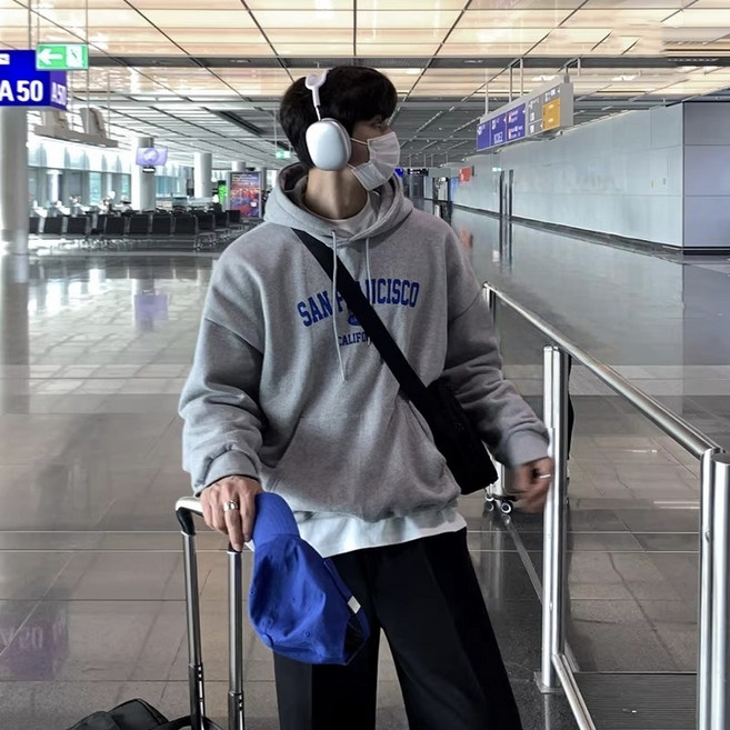 ANYOU 데일리 남성 레터링 코튼 후드티 심플 아우터