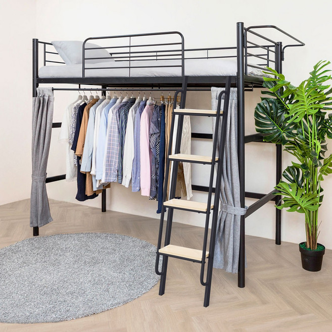 일루일루 코모드i 올인원 기본행거형 벙커침대 프레임 옷장 철제 2층 성인 학생 수납+10cmCL라텍스폼 매트리스 세트, 블랙