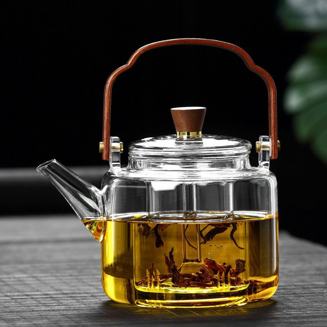 高硼硅玻璃煮茶壺 蒸煮提梁壺 胡桃木把 大容量 雙內膽, 透明色, 1個