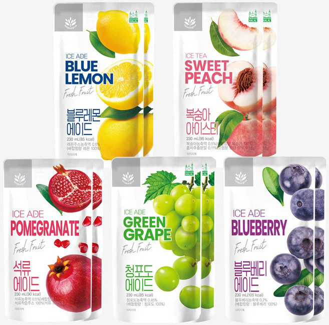 발란스그로우 에이드 아이스 파우치음료 5종 혼합 230ml x 10팩 (블루레몬에이드 복숭아아이스티 청포도에이드 석류에이드 블루베리에이드 각2팩), 1세트