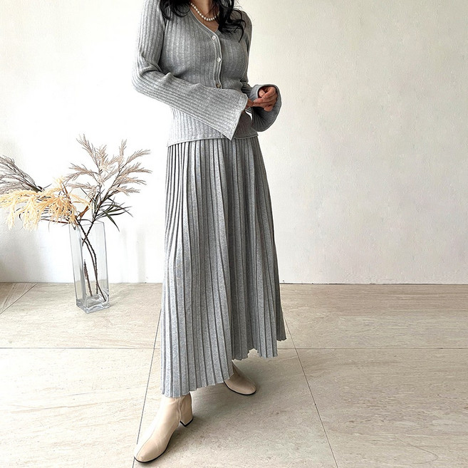 네모엔룩 여성용 골지플리츠롱 슬림핏 브이넥 가디건 플리츠 롱 스커트 니트 세트 투피스 NL