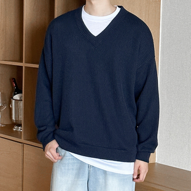 오버핏 골지 브이넥 니트 맨투맨