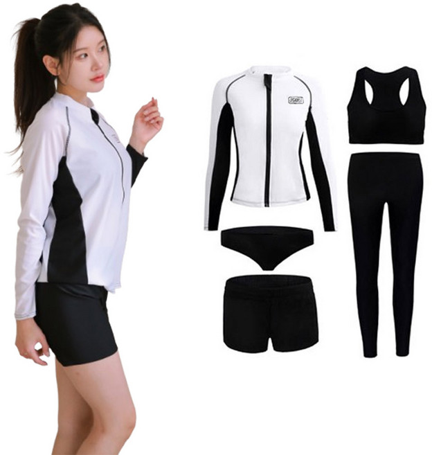 뷰티5도씨 여성용 5종세트 집업 캡내장 래쉬가드 수영복 비치웨어 워터밤 수영모자 증정 RG-01