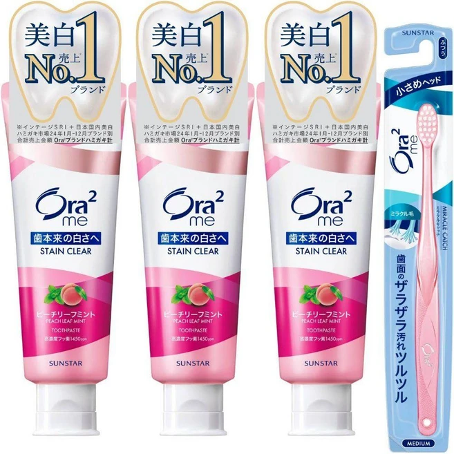 썬스타 Ora2 me 오라투 미 스테인클리어 페이스트 복숭아 잎 민트 (미백 구취 관리) 130g x 3 + 칫솔 포함 묶음 - 쿠팡