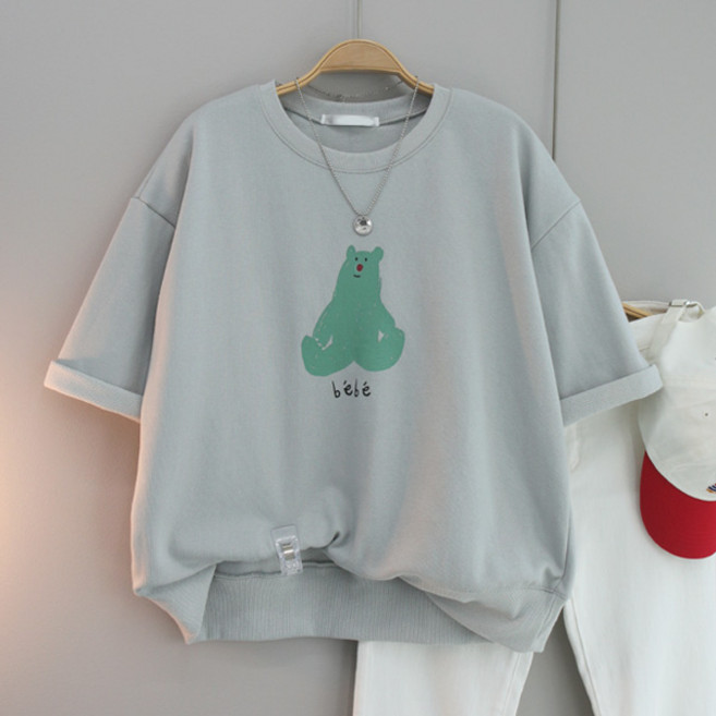 달콩 여성 BEBE프린팅반팔맨투맨 세미크롭 칠부티