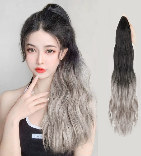 그라데이션 포니테일 가발 집게 붙임머리 묶음머리 컬러 헤어피스 브릿지, 1개, 그레이