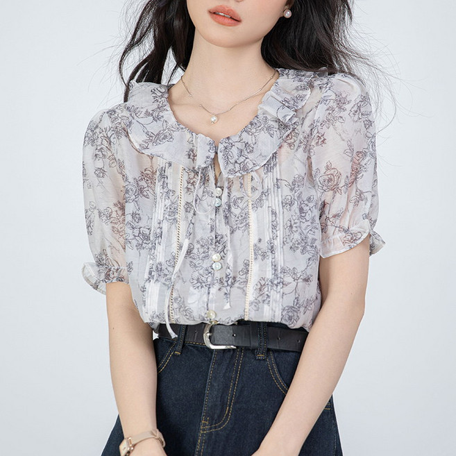 天絲水墨印花碎花襯衫 短袖夏