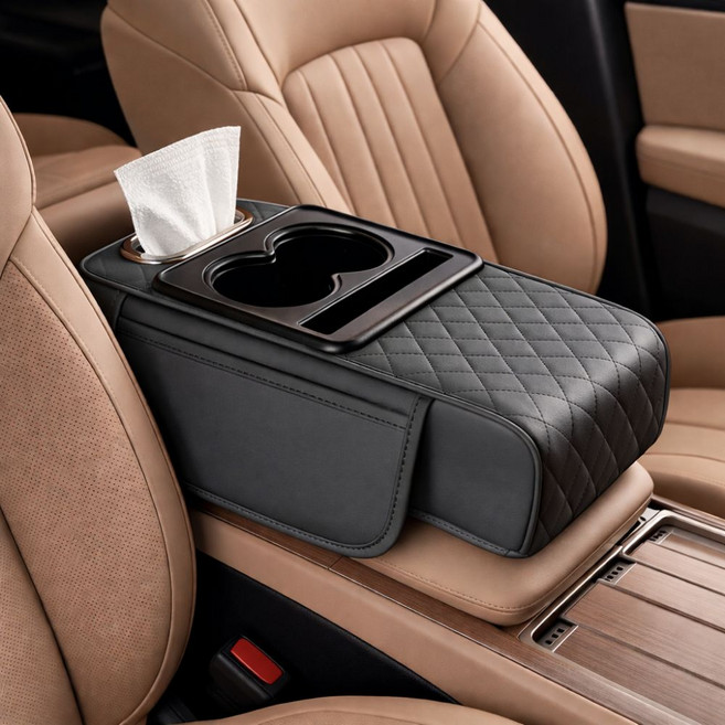 차량용 다기능 팔걸이 쿠션 콘솔박스 수납 컵홀더 티슈함, 1개, 그레이