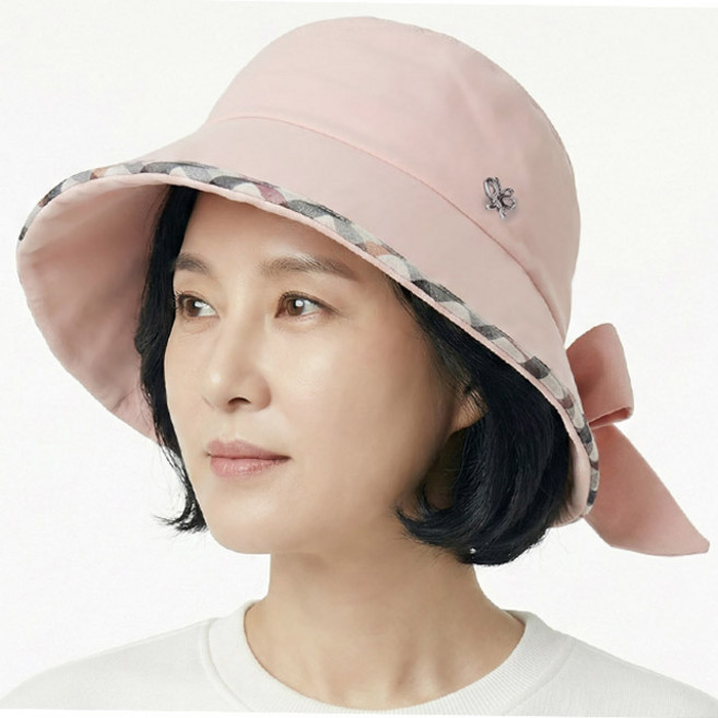 베이직엠 중년 여름 여성모자 벙거지 챙라인 브라운체크 뒷리본