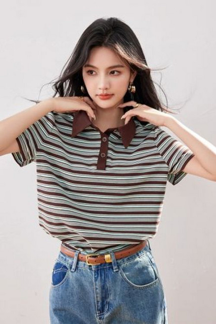 카라 브라운 스트라이프 루즈핏 피케 반팔 30 40대 미시 77사이즈 까지 출근