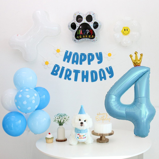 이벤트홀릭 강아지 고양이 생일파티용품세트 턱받이 고깔 숫자, 4, 1개, 블루